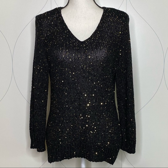 Chaps Sweaters - CHAPS sequin v-neck sweater black/gold M